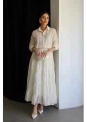 Julidress فستان طويل مميز مطرز باللون الكريمي مع خصر مطاطي