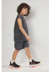 TRENDYOLKIDS Boy's Anthracite Cotton Tank Top Shorts Set - Antique/Slat Effect Tkdss25Au00026