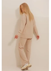 Trend Alaçatı Stili Women's Beige Polo Collar Top and Palazzon Trousers Knitwear Bottom Top Set ALC-796-001