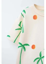 Magu Unisex Kids Cotton Ecru Palm Patterned T-Shirt and Shorts Set