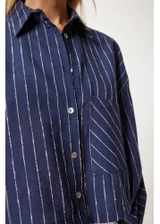 Happiness İstanbul Navy Blue Thin Striped Women's Crop Linen Shirt - Dm00140