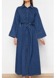  Collection Dark Blue Belted Maxi Modest Denim Shirt Dress Twoss24El00923