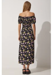 Happiness İstanbul Women's Black Floral Gathered Collar Summer Long Viscose Dress DK00143