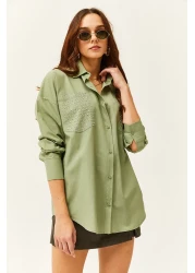 Olalook Women's Mold Green Oversize Shirt with Staple Pocket Detail GML-19001167
