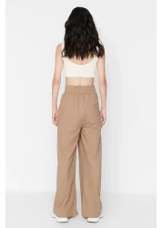  Collection Beige Print Detailed Wide Leg/Relaxed Cut Asymmetrical Waist Knitted Trousers TWOAW23PL00389