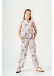 Magu طقم بلوزة وبنطلون من الكتان والبوبلين منقوشة بالزهور من إكرو للفتيات