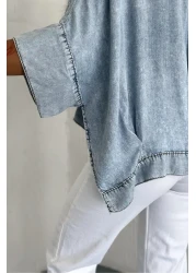 FEMELLE قميص بونشو من قماش الدنيم باللون الأزرق مقاس قياسي للنساء