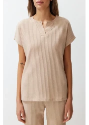  Collection Beige Corded Collar Detailed Knitted Pajamas Set THMSS24PT00234