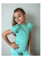 özge başaran طقم بناتي من Mint مكون من 4 قطع - شورت مكشكش، تي شيرت، جوارب، شريط