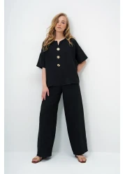 Trend Alaçatı Stili Women's Black V-Neck Metal Gold Button Detail Aerobin Blouse and Pant Bottom Top Suit Alc-X14122