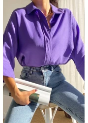 FEMELLE Women's Purple Hidden Button Wide Bat Sleeve Loose Fit Oversize Shirt 50% Viscose 50% Cotton