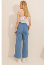 Trend Alaçatı Stili Women's Dark Blue Tasseled High Waist Palazzo Jean Trousers ALC-X8930