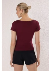 Trendyol Collection بلوزة محبوكة برباط/ثنية باللون العنابي TWOSS25BZ00278