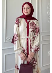 InStyle Colorful Long Piping Detail Burgundy Viscose Dress