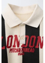 Magu طقم تي شيرت ولادي قطن مخطط بحروف لندن وجينز مطرز