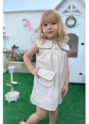 Minipodyum Baby Girl Collar Embroidered Bag Holiday Linen Dress