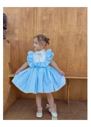 Linarookids Vintage Baby Girl Dress with Laurel Blue Bow, Birthday Dress, Photo Shoot Dress, Suitable for 0-7 Years Old
