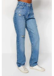  Collection Blue Ripped High Waist Long Straight Jeans TWOAW24JE00033
