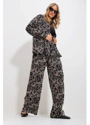 Trend Alaçatı Stili Women's Sand Beige Patterned Shirt and Trousers Bottom Top Woven Set Alc-X11749