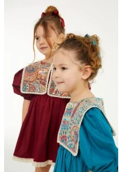 Elidabutik Ethnic Pattern Collar Detailed Burgundy Dress