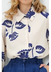 Trend Alaçatı Stili Women's Navy Blue-Beige Double Cuffed Leaf Patterned Woven Shirt Alc-X13785