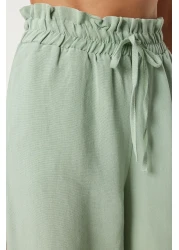 Happiness İstanbul Green Linen Viscose Women's Palazzo Trousers - FN03287