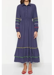  Modest Navy Blue Stripe Detailed Half Placket Cotton Woven Dress TCTSS23EB00302