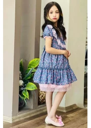 Riccotarz Girl's Chest and Shoulders Ruffle Lace Embroidered Dress with Flower Detail