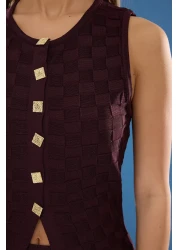  Collection Burgundy Button Detailed Vest-Skirt Knitwear Bottom-Top Suit Twoss25Au00051