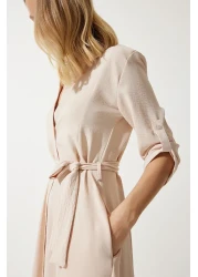 Happiness İstanbul Women's Cream Belted Shirt Dress DD01256