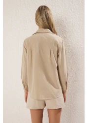  Collection قميص منسوج كبير الحجم من القطن والكتان المخلوط من المنك TWOSS25GO00096