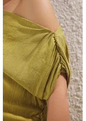  Collection Oil Green A-Line Boat Neck Midi Woven Dress Twoss25El00726