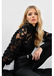 Cool & Sexy بلوزة نسائية ذات أكمام سوداء من التول وكشكشة BK894