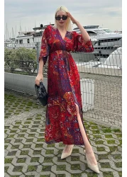 Madmext فستان طويل بفتحة منقوشة باللون الأحمر MG2325