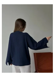 Bak'ap قميص موسلين منقوش عرقيًا ومطرز ممتاز مع تفاصيل جلد