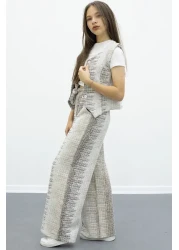 Cansın Mini Girl's 2-Piece Suit with Coffee Buttoned Vest and Wide-Leg Belted Trousers 21014