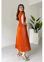 MODAMİNEM Women's Orange Pleated Double Breasted Lacing Detail Astral Daniel Dress