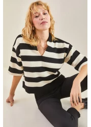 Bianco Lucci سترة نسائية محبوكة كبيرة الحجم مخططة بياقة بولو