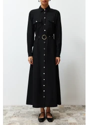  Modest Black Gold Button Detailed Woven Shirt Dress TCTSS24EB00132