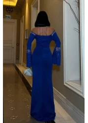 Mossta Saks Blue Spanish Sleeves Scuba Evening Dress - Stone Detail