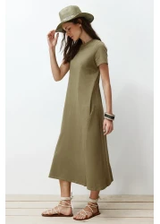  Collection Khaki Pocketed Premium Crew Neck A-Line Knitted Midi Dress TWOSS24EL00169