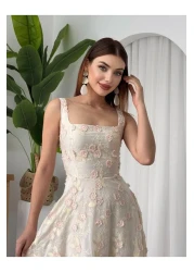 Julidress فستان طويل من الكتان بتصميم مميز مع تطريز وزهرة وردية ثلاثية الأبعاد مطرزة بحزام مبطن