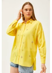 Olalook Women's Yellow Collar and Jewelled Front Six Oval Woven Shirt GML-19001149