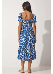 Happiness İstanbul Women's Blue Floral Patterned Summer Viscose Dress CI00079