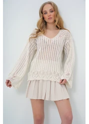 Trend Alaçatı Stili Women's Vanilla Boat Neck Openwork Summer Knitwear Blouse ALC-X10640