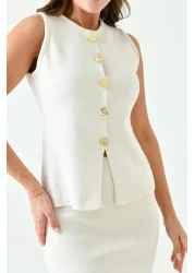 vuvutasarım High Waist Midi Length Sleeveless Stretchy Knitwear Set - Buttoned Vest, Ecru 5155