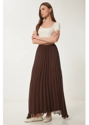 Happiness İstanbul تنورة شيفون ذات ثنيات بنية اللون للنساء DP00237