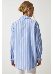 Happiness İstanbul Women's Sky Blue Premium Flower Brooch Detailed Shirt UL00015