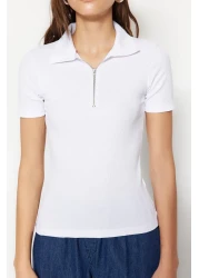  Collection White Zipper Detailed Fitted Polo Neck Ribbed Stretchy Knitted Blouse TWOSS23BZ00496