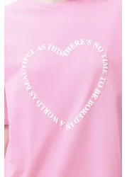  Collection Pink 100% Cotton Heart Slogan Printed Oversize/Comfortable Cut Knitted T-Shirt TWOSS24TS00139